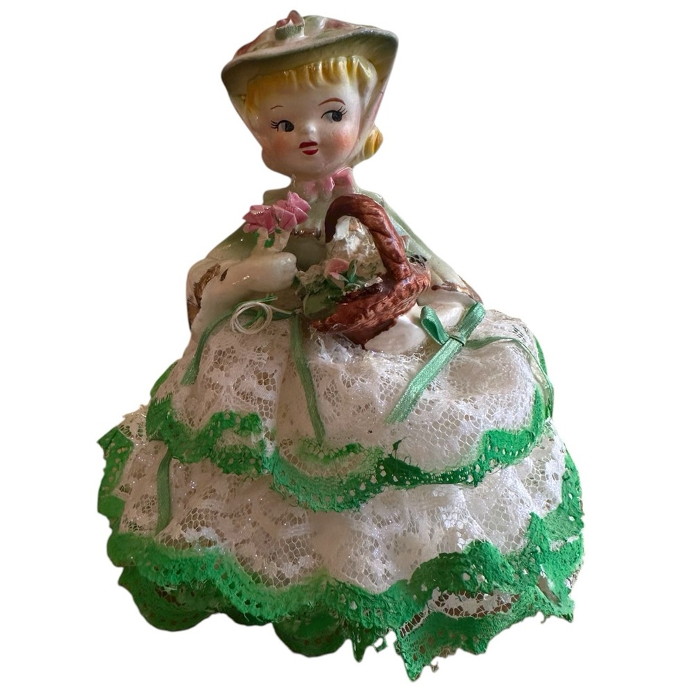 Vintage Wales Japan Lace Porcelain Figurine Lady  Basket 5.5” Green/White Dress